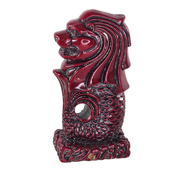 Merlion Statue Figurine Red & Black Resin Lion Fish Hybrid 3.4" Tall - Picture 2 of 8